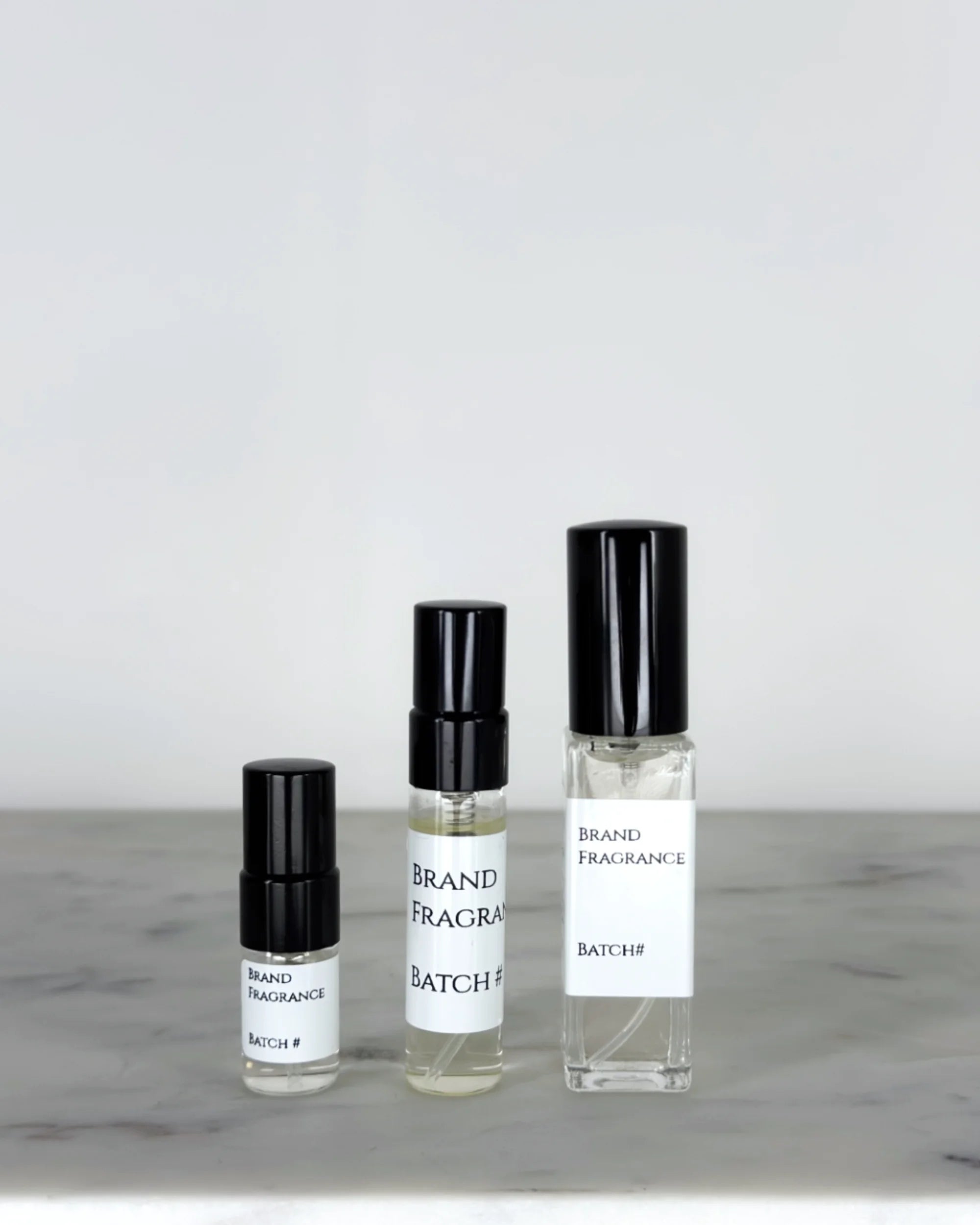 Our fragrance sample bottles shown side by side, from left to right: 2ml, 5ml and 10ml